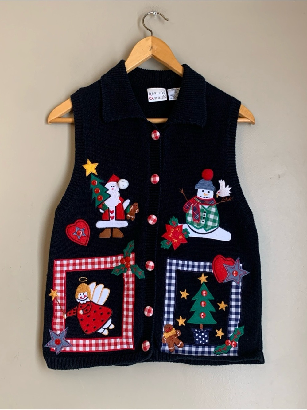 Hasting & Smith Holiday Christmas sweater vest yarn embroidered vtg Gingham Sm